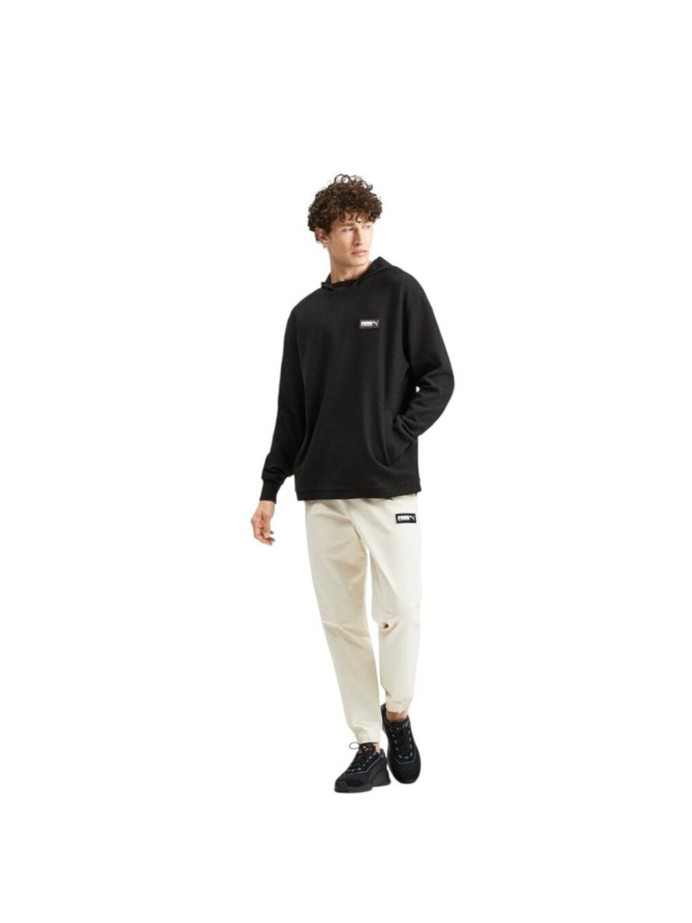 Puma Mens Fusion Waffle Knit Pullover Hoodie Black Size M Athleisure Casual Cozy